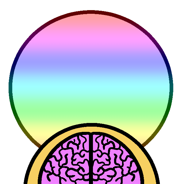 The top half of a yellow head with a pink brain. Above it and overlapping with it is a rainbow circle.